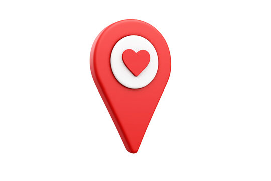 3d rendering depicting red location pin featuring white heart, symbolizing romantic locations, dating apps, love connections on transparent background