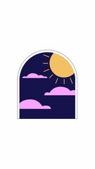 Poster - Surreal sunny sky through arch window 2D cartoon vertical animation. Fantasy portal. Magical arched frame with sun and floating clouds animated flat colorful object 4K video isolated on white