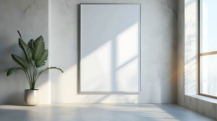 Leinwandbilder - A bright and minimalist interior featuring a blank poster frame on a white wall, complemented by a potted plant and natural light streaming through a nearby window