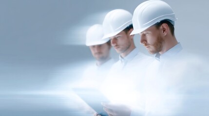 Aufkleber - Three focused engineers in hard hats examine digital data. They work in a modern, high-tech environment. The scene is bright and dynamic, showing collaboration and innovation. AI