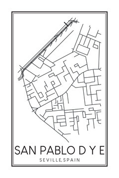 Hand drawn printable downtown road map poster of district SAN PABLO D Y E of the Spanish city of SEVILLE on solid white background with city name