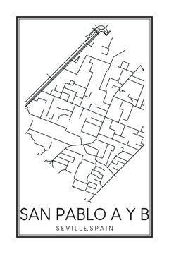 Hand drawn printable downtown road map poster of district SAN PABLO A Y B of the Spanish city of SEVILLE on solid white background with city name