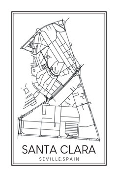 Hand drawn printable downtown road map poster of district SANTA CLARA of the Spanish city of SEVILLE on solid white background with city name