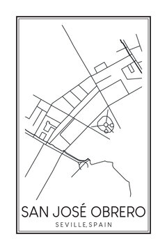 Hand drawn printable downtown road map poster of district SAN JOSÉ OBRERO of the Spanish city of SEVILLE on solid white background with city name