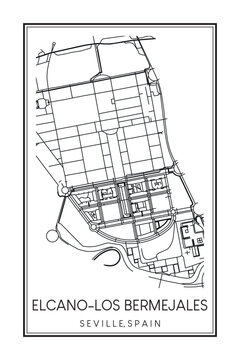 Hand drawn printable downtown road map poster of district ELCANO-LOS BERMEJALES of the Spanish city of SEVILLE on solid white background with city name