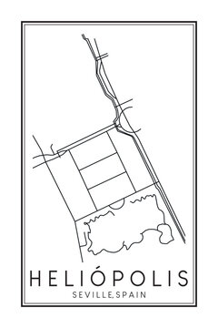 Hand drawn printable downtown road map poster of district HELIÓPOLIS of the Spanish city of SEVILLE on solid white background with city name