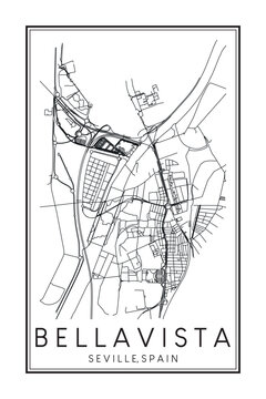 Hand drawn printable downtown road map poster of district BELLAVISTA of the Spanish city of SEVILLE on solid white background with city name