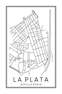 Hand drawn printable downtown road map poster of district LA PLATA of the Spanish city of SEVILLE on solid white background with city name