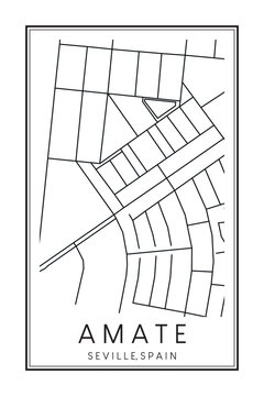 Hand drawn printable downtown road map poster of district AMATE of the Spanish city of SEVILLE on solid white background with city name