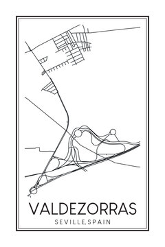 Hand drawn printable downtown road map poster of district VALDEZORRAS of the Spanish city of SEVILLE on solid white background with city name