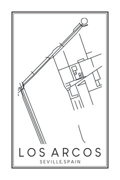Hand drawn printable downtown road map poster of district LOS ARCOS of the Spanish city of SEVILLE on solid white background with city name