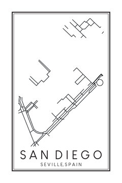 Hand drawn printable downtown road map poster of district SAN DIEGO of the Spanish city of SEVILLE on solid white background with city name