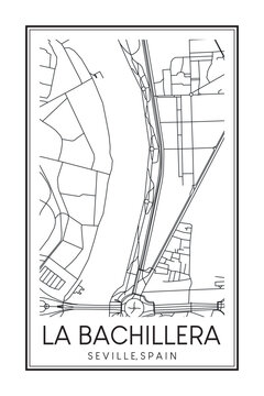 Hand drawn printable downtown road map poster of district LA BACHILLERA of the Spanish city of SEVILLE on solid white background with city name