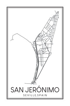 Hand drawn printable downtown road map poster of district SAN JERÓNIMO of the Spanish city of SEVILLE on solid white background with city name