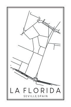 Hand drawn printable downtown road map poster of district LA FLORIDA of the Spanish city of SEVILLE on solid white background with city name