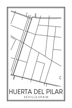 Hand drawn printable downtown road map poster of district HUERTA DEL PILAR of the Spanish city of SEVILLE on solid white background with city name