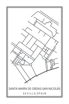 Hand drawn printable downtown road map poster of district SANTA MARÍA DE ORDAS-SAN NICOLÁS of the Spanish city of SEVILLE on solid white background with city name