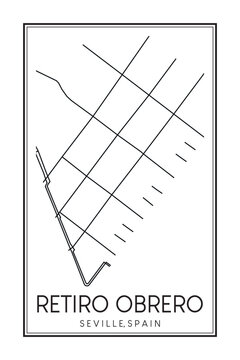 Hand drawn printable downtown road map poster of district RETIRO OBRERO of the Spanish city of SEVILLE on solid white background with city name