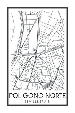 Hand drawn printable downtown road map poster of district POLÍGONO NORTE of the Spanish city of SEVILLE on solid white background with city name