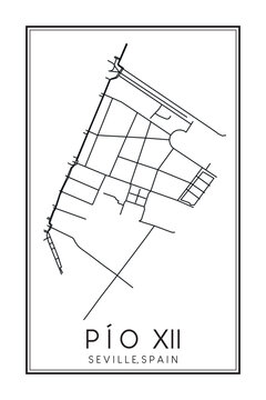 Hand drawn printable downtown road map poster of district PÍO XII of the Spanish city of SEVILLE on solid white background with city name