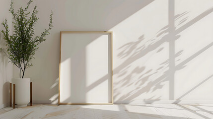 Leinwandbilder - A blank frame leans against a white wall next to a potted plant, with sunlight casting shadows across the wall and floor in a bright, minimalist interior setting