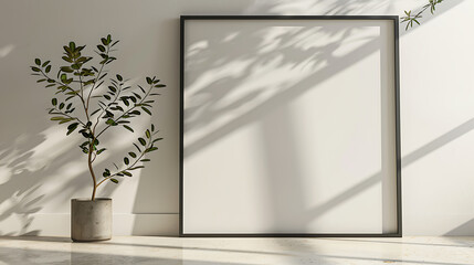 Leinwandbilder - A blank frame leans against a white wall next to a potted plant, casting shadows and creating a minimalist and modern interior design aesthetic