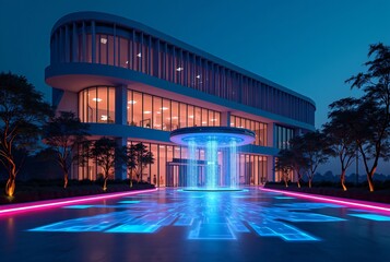 Wall Mural - Modern Building Exterior at Night with Holographic Swings and Neon Lights