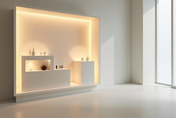 Wall Mural - Minimalist White Cube Product Display with Warm Edge Lighting