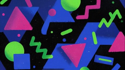 Poster - Colorful geometric shapes float across a black background, nineties style