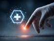 © Anuson - Gloved hand touches a glowing medical cross symbol representing healthcare innovation and technology solutions.