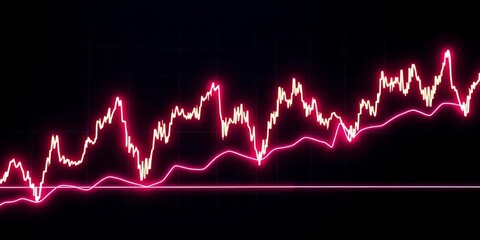 Poster - Bright neon jagged line graph, volatile stock market data visualization, yellow, trough