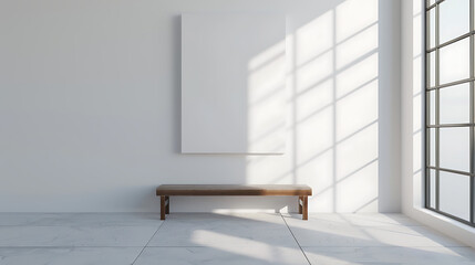 Leinwandbilder - A minimalist interior featuring a wooden bench beneath a blank canvas on a white wall, illuminated by sunlight streaming through a large window