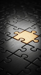 Poster - Close-up of gold puzzle piece on dark gray background, symbolizing solution, completion, or missing link in a process