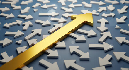 Poster - Gold arrow stands out among many white arrows pointing in different directions, symbolizing unique path, leadership, and success against the odds