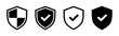 © Kingwardobe - Security shield icons, black and white protection badges with check mark and quadrant design, flat style set for antivirus, privacy, approval, secure access, vector illustration.