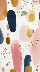 Poster - A Colorful Abstract Design Featuring Blobs and Dots in Soft Pastel Shades with Gold Accents on a White Background