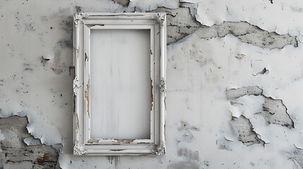Poster - An ornate white picture frame hangs on a distressed wall with peeling white paint and exposed concrete, creating a vintage and textured background