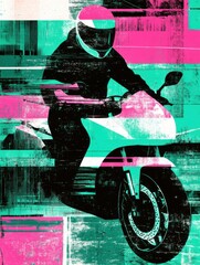 Poster - Dynamic Abstract Illustration of a Motorcyclist in Motion Featuring Vibrant Colors and Geometric Patterns