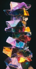 Poster - A Striking Tower of Iridescent Crystals Reflecting Vibrant Colors Against a Dark Background, Showcasing the Beauty of Natural Formations and Light Interaction