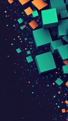 Poster - Vibrant Asymmetrical Composition of Floating Cubes in a Dark Background, Showcasing a Dynamic Blend of Turquoise and Orange Colors