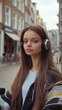 © Best Wishes Art - A Young Woman with Long Brown Hair Enjoys Her Surroundings While Wearing Headphones in an Urban Street Setting with Bicycles in the Background