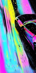 Poster - Vibrant Neon Abstract Artwork Featuring a Dynamic Car in Motion Surrounded by Colorful Splashes of Paint and Striking Light Trails