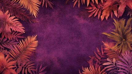 Poster - Purplish-red ferns and palms add lush, tropical beauty to the scene, leaving plenty of space for a custom text overlay, perfect for vibrant designs.