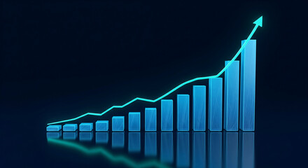 Poster - blue glowing bar graph rising upward, showcasing growth and progress, symbolizing success and positi
