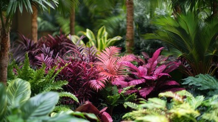 Poster - Purplish-red ferns and palms lend their rich colors to a lush and inviting environment, with plenty of space available for easy text overlay.