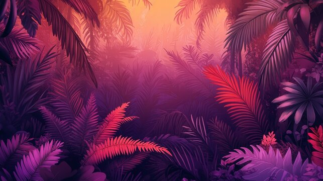 Purplish-red ferns and palms lend their rich colors to a lush and inviting environment, with plenty of space available for easy text overlay.