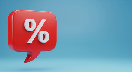 Aufkleber - Red speech bubble with white percentage symbol, set against a light-blue background Free space for text, ideal for discount or sale promotions