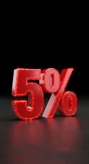 Poster - red 5% symbol, sparkling, 3d render, dark background, showcasing discount, sale, promotion, perfect 