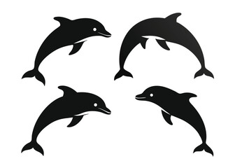  Silhouette illustrations of four playful dolphins jumping in the ocean against a white background.