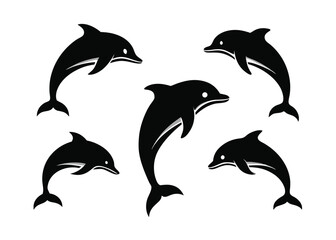  Silhouetted dolphins in various poses against white background ideal for design and decoration